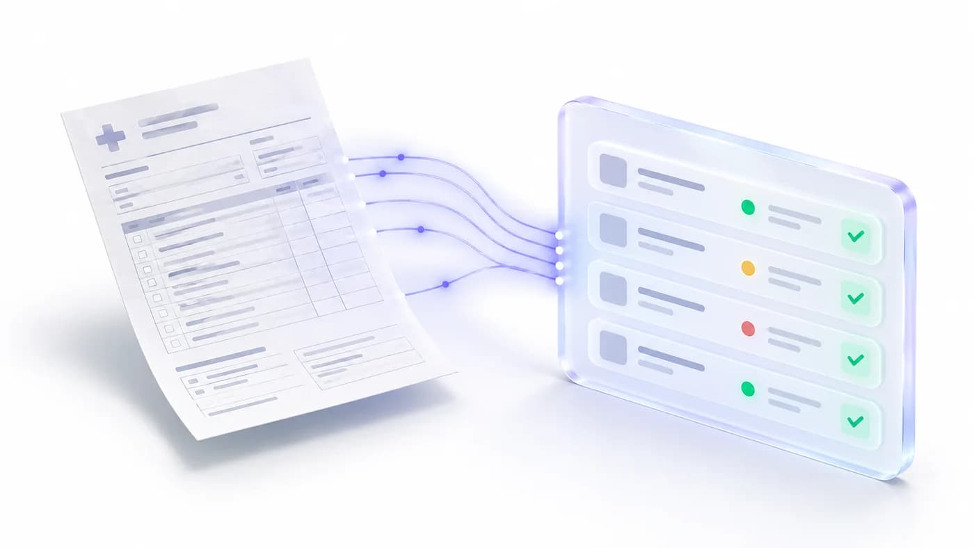 A scanned lab request whose fields flow into a verification panel, each with a green, amber or red light and a check